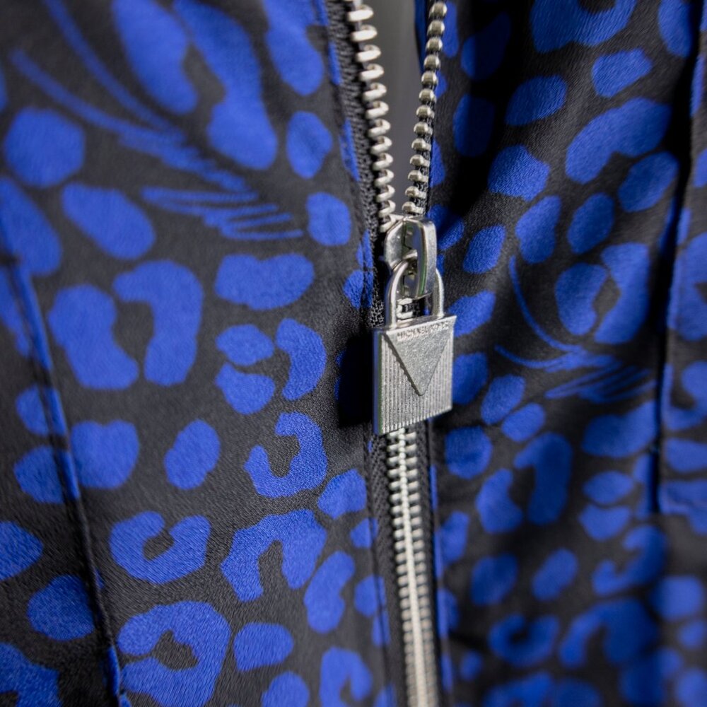 Michael Kors Black and Blue Leopard Print Zip Up Long Sleeve Snap Tab Sleeves - Picture 4 of 11